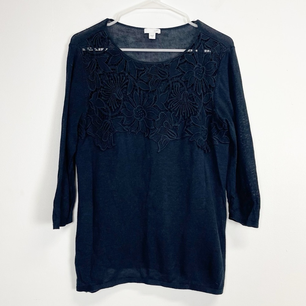 J Jill Sweater Womens Size Medium Navy Blue Knit Floral Applique Neckline